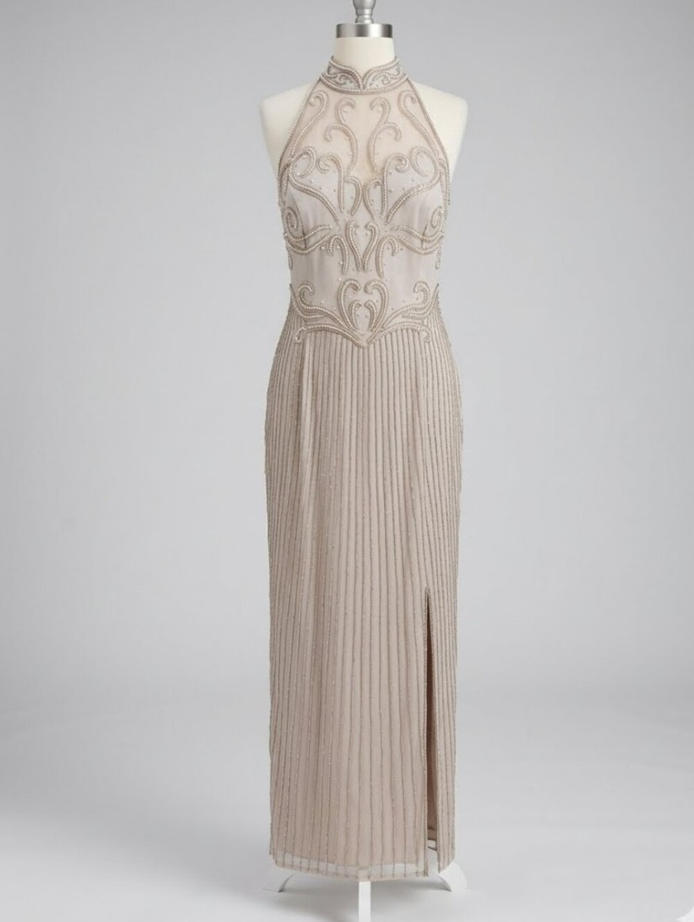 Jas Jas Designs NY Beaded Halter Evening Silk Dress in Champagne Sz 12